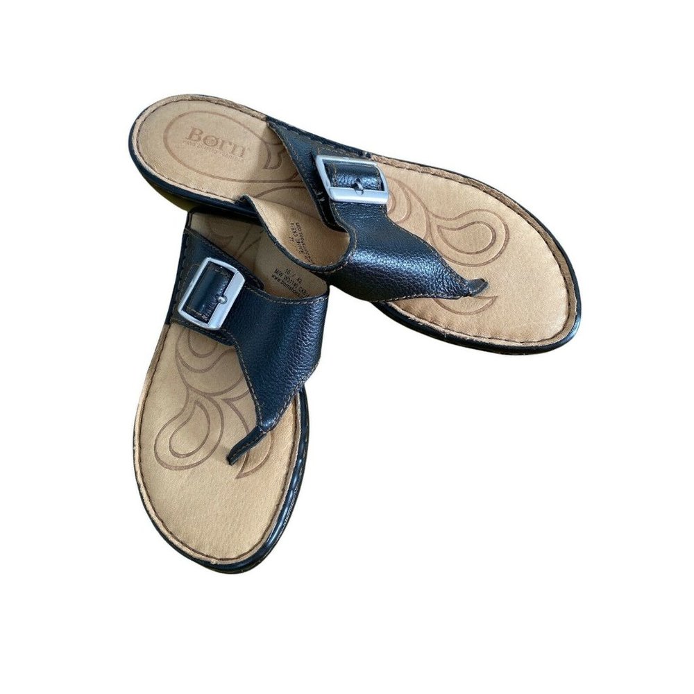Born Size 10 M Black Leather Slides Buckle Platfor